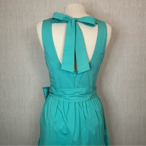 TAHARI Turquoise Tiered Pleated Stretch Cotton Poplin Tie Back Belt Maxi Dress - Picture 7 of 11